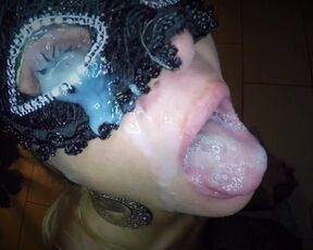 Dutch girl with needle pierced tits sucks cock and gets his cum in her eye